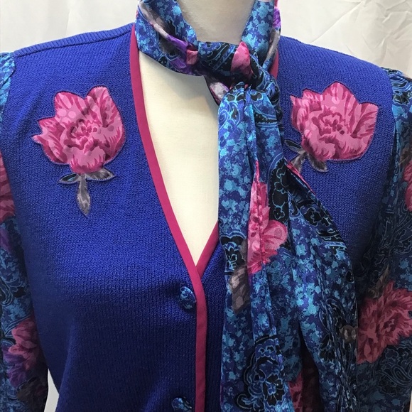 EUC Vintage Anthony Sicari 2pc Womens Blue Floral Scarf & Sweater Size 6 - Picture 3 of 9
